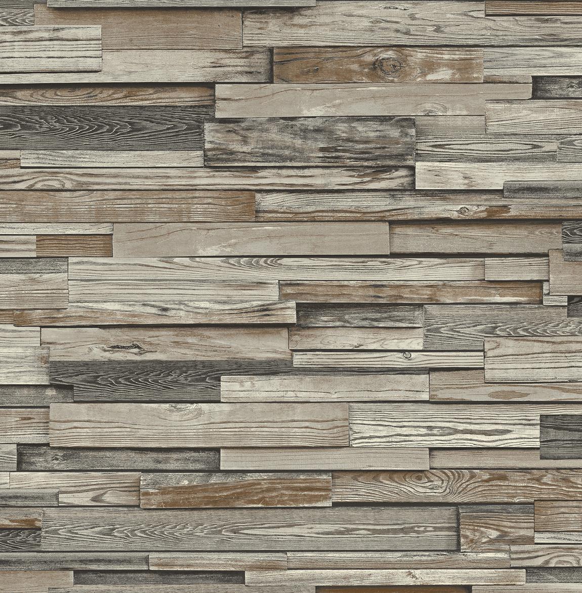 Seabrook Reclaimed Wood Plank Charcoal & Brown Wallpaper