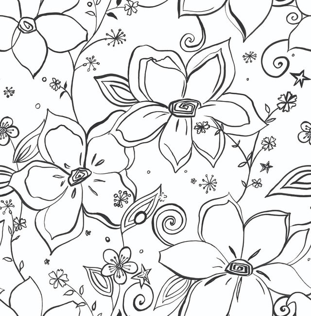 Seabrook Linework Floral Black Wallpaper