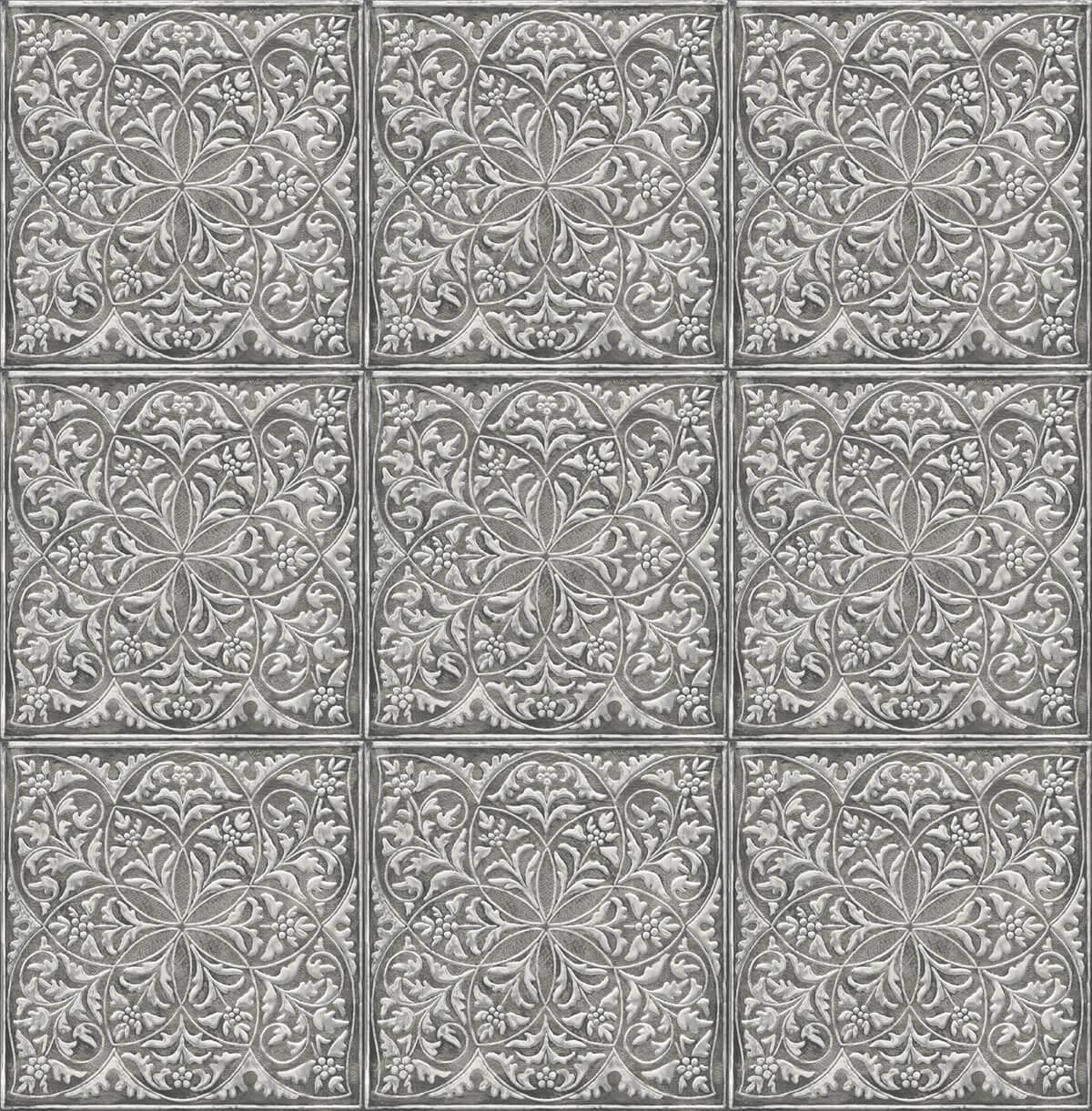 Seabrook Faux Embossed Tile Metallic Silver & Charcoal Wallpaper