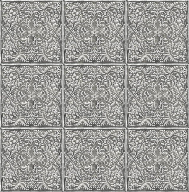 Seabrook Faux Embossed Tile Metallic Silver & Charcoal Wallpaper