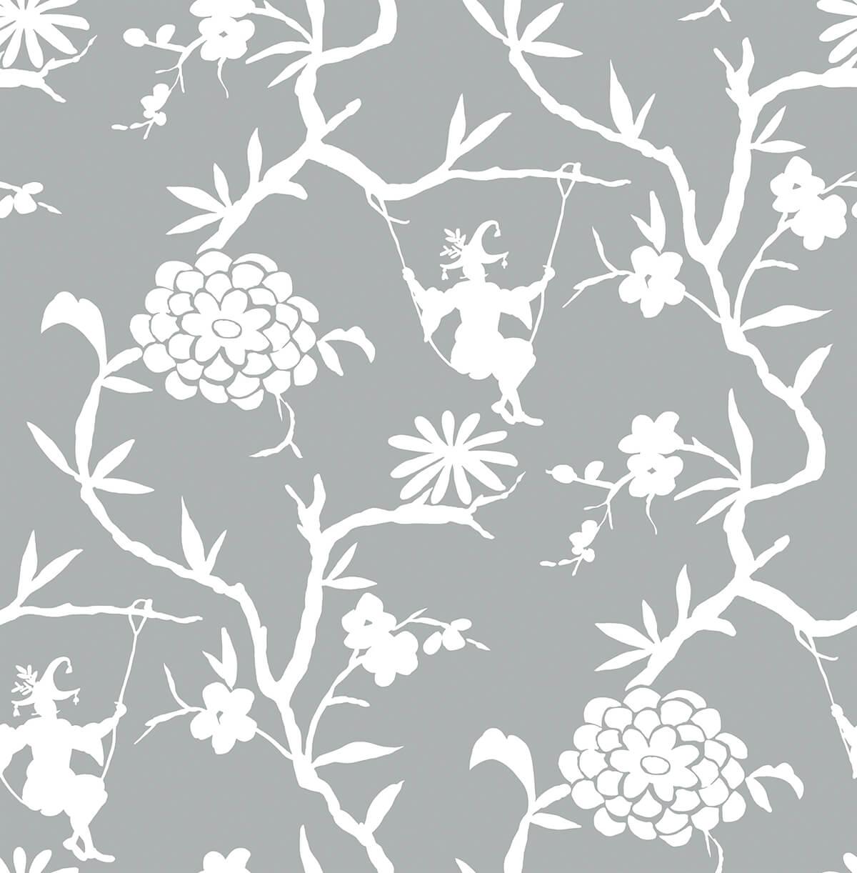 Seabrook Chinoiserie Silhouette Metallic Silver Wallpaper