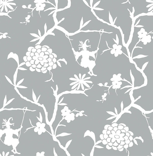 Seabrook Chinoiserie Silhouette Metallic Silver Wallpaper