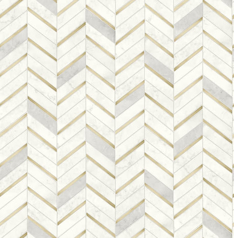 Seabrook Chevron Marble Tile Metallic Gold & Pearl Gray Wallpaper