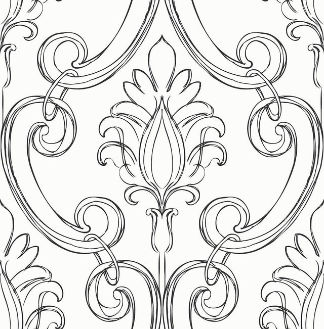 Seabrook Sketched Damask Ebony Wallpaper