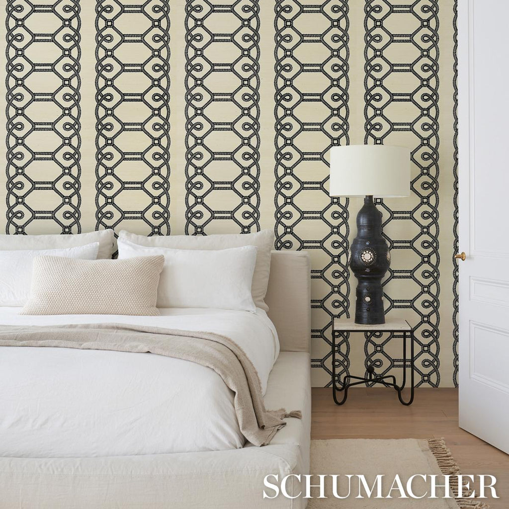 Schumacher Ziz Embroidered Sisal Black Wallpaper