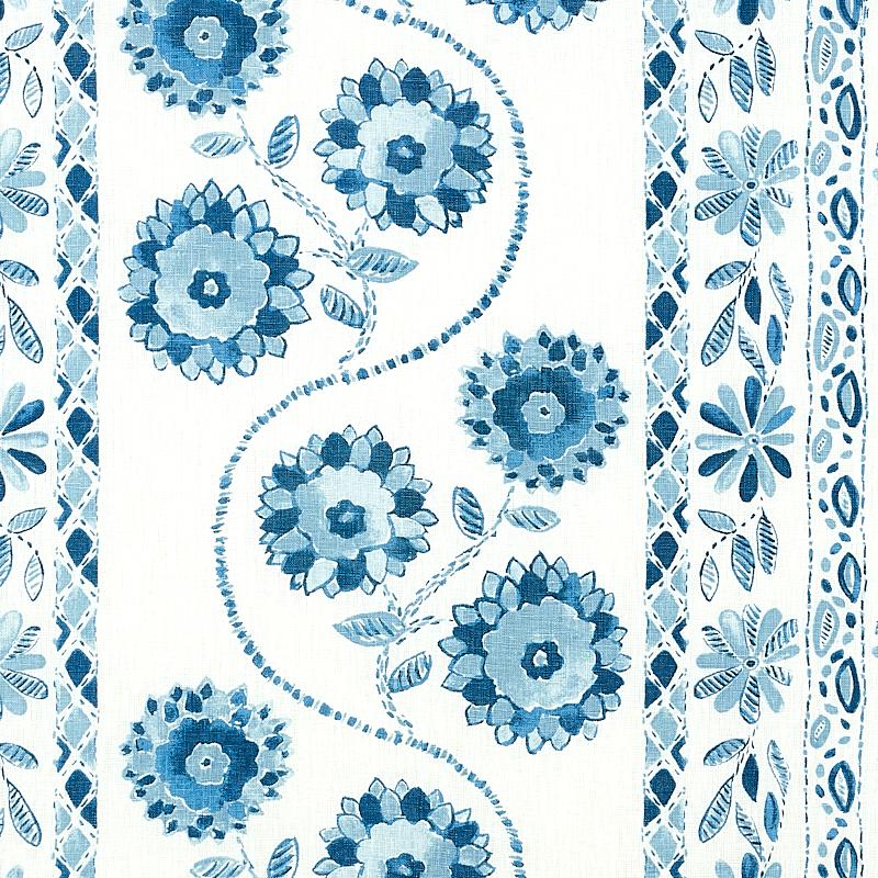 Schumacher Zinnia Handmade Print Blue Fabric