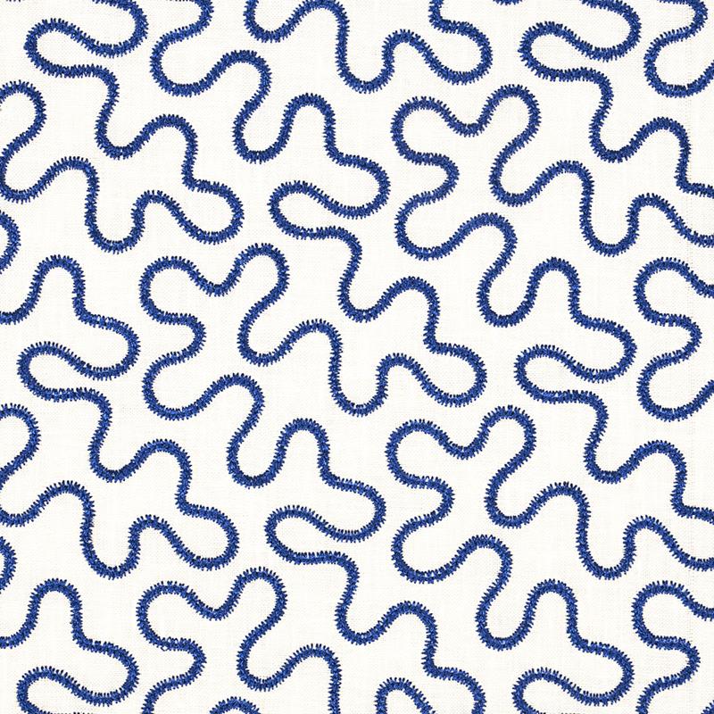 Schumacher Meander Embroidery Blue On Ivory Fabric