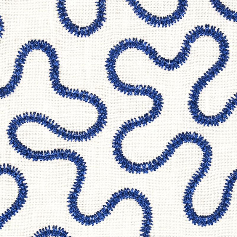 Schumacher Meander Embroidery Blue On Ivory Fabric
