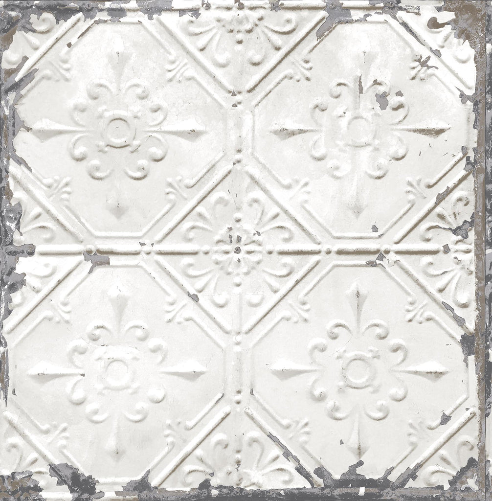 A-Street Prints Tin Ceiling Distressed Tiles White Wallpaper