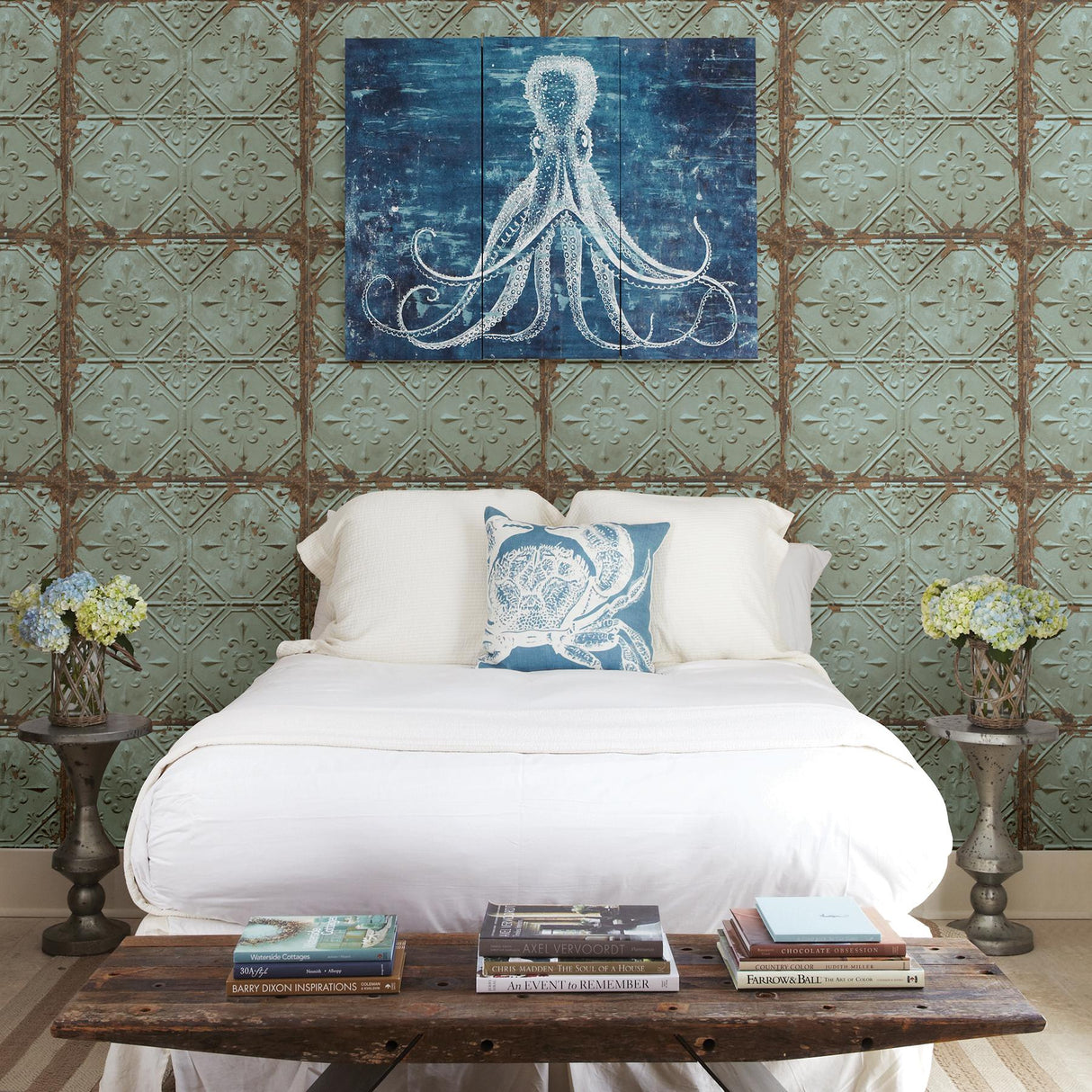 A-Street Prints Tin Ceiling Teal Distressed Tiles Wallpaper