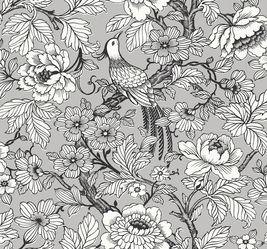 A-Street Prints Beaufort Peony Chinoiserie Silver Wallpaper