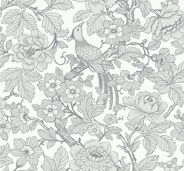 A-Street Prints Beaufort Light Grey Peony Chinoiserie Wallpaper