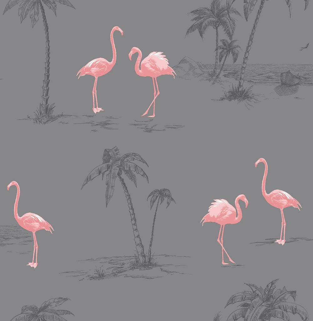 Brewster Home Fashions Sanibel Dark Grey Flamingo Wallpaper