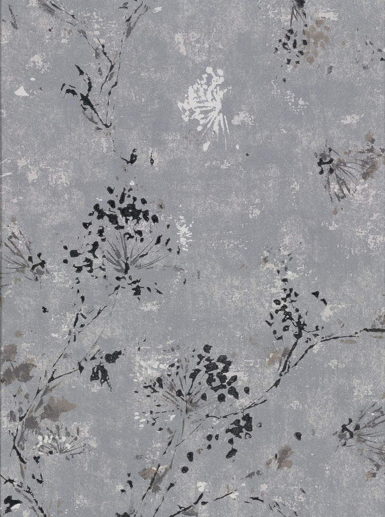 Brewster Home Fashions Misty Charcoal Distressed Dandelion Wallpaper