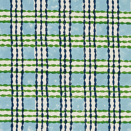 Schumacher Trellis Hand Block Print Sky & Grass Fabric