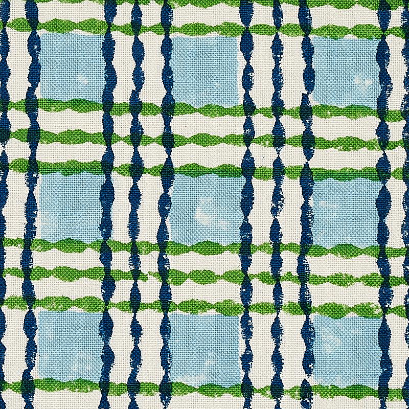 Schumacher Trellis Hand Block Print Sky & Grass Fabric