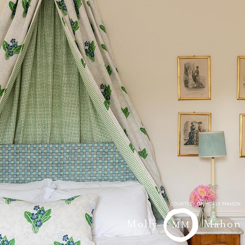 Schumacher Trellis Hand Block Print Sky & Grass Fabric