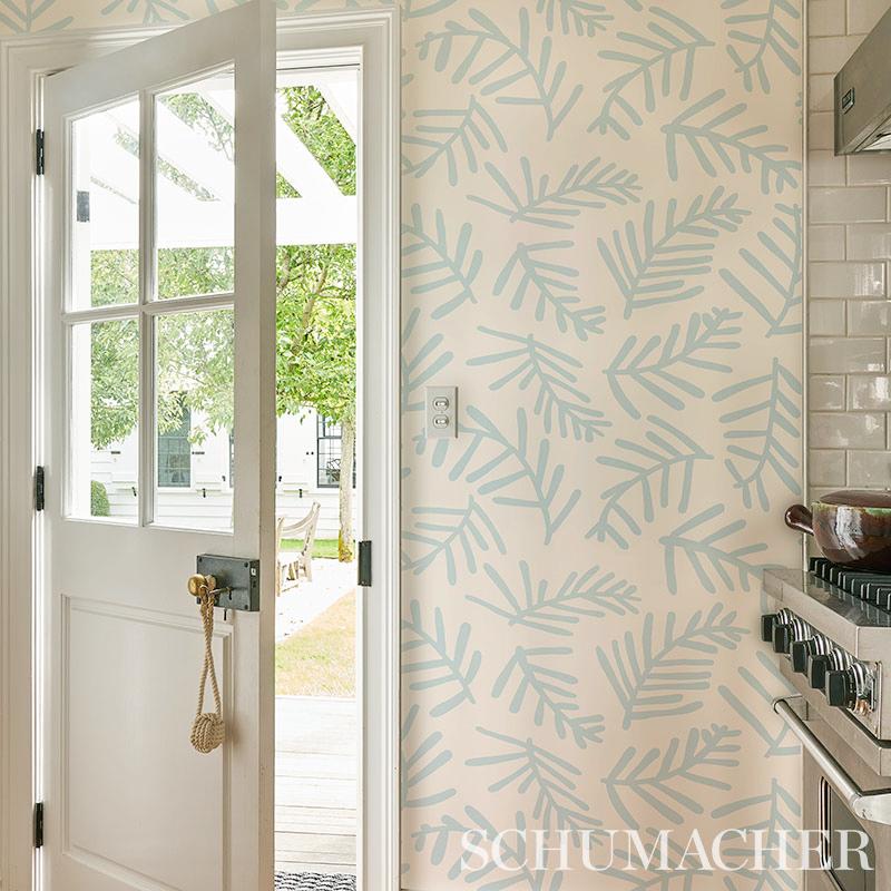 Schumacher Tiah Cove Blue Leaf Wallpaper