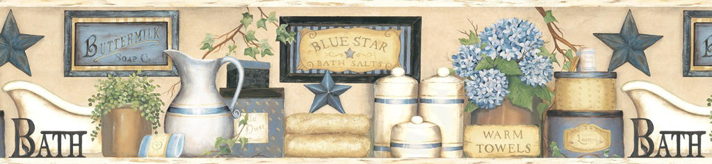 Brewster Home Fashions Martha Country Bath Border Blue Wallpaper