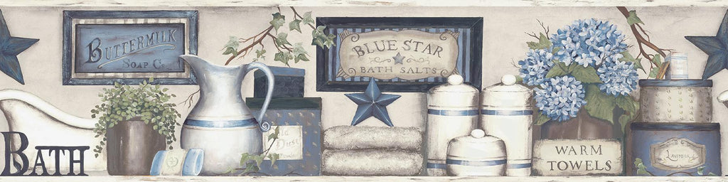 Brewster Home Fashions Country Bath Rustic Border Blue Wallpaper