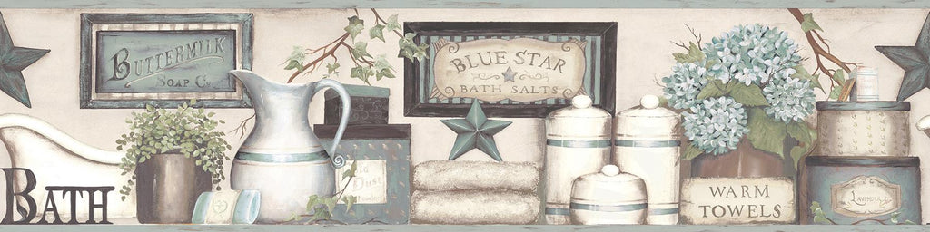 Brewster Home Fashions Country Bath Rustic Border Aqua Wallpaper