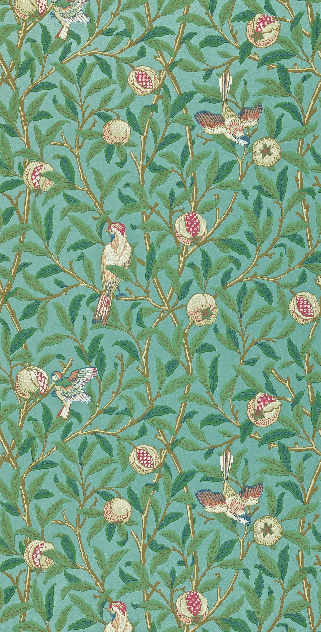 Morris & co Bird & Pomegranate Turquiose/Coral Wallpaper