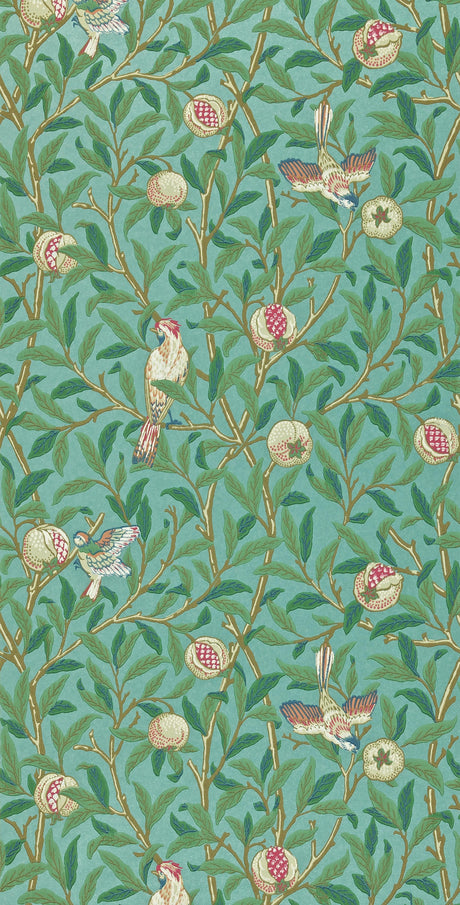 Morris & co Bird & Pomegranate Turquiose/Coral Wallpaper