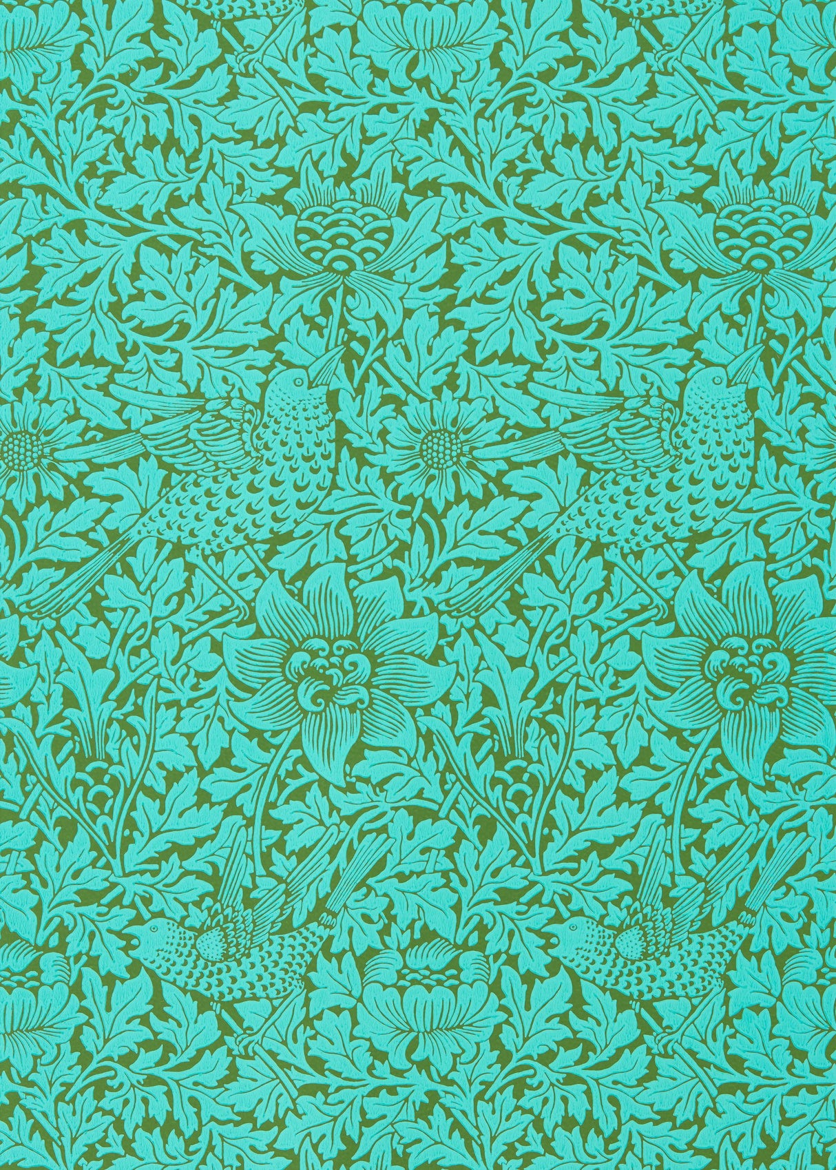 Morris & co Bird & Anemone Olive/Turquoise Wallpaper