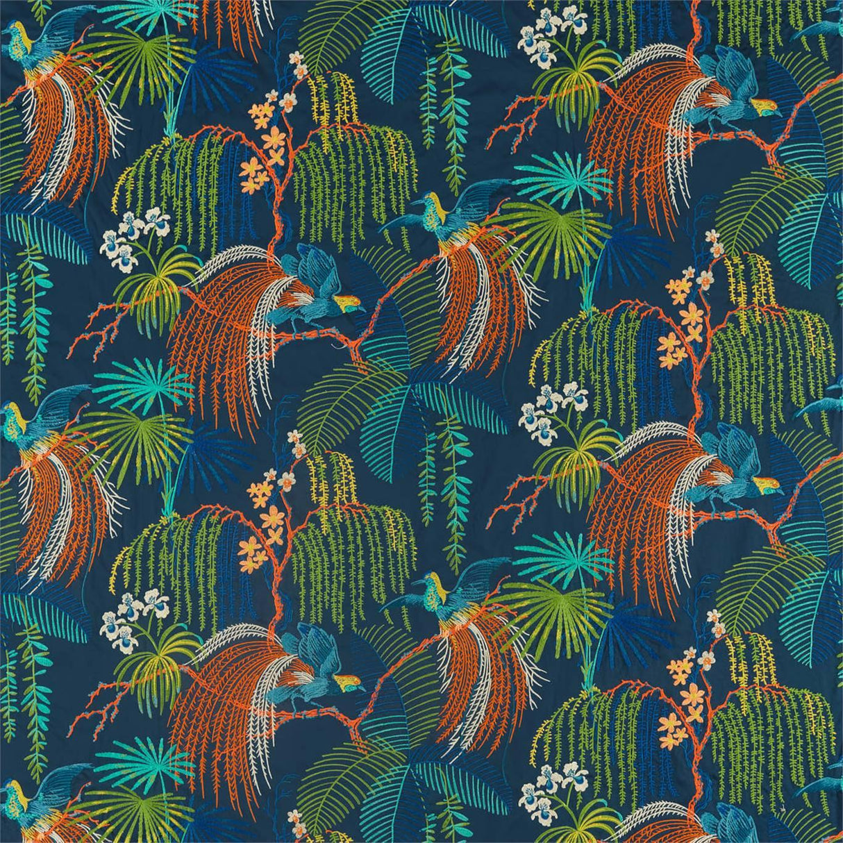 Sanderson Rain Forest Embroidery Tropical Night Fabric