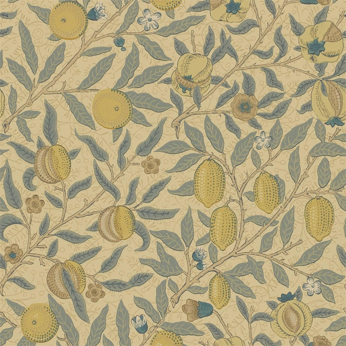 Morris & co Fruit Blue/Maize/Gold/Oakwood/ Khaki Wallpaper