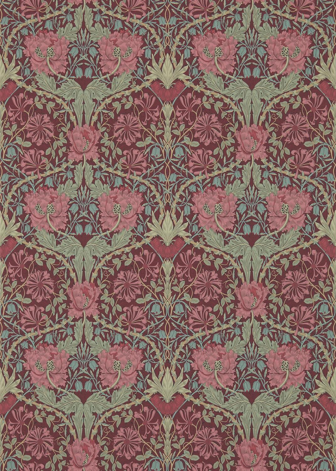 Morris & co Honeysuckle & Tulip Burgundy/Sage Wallpaper