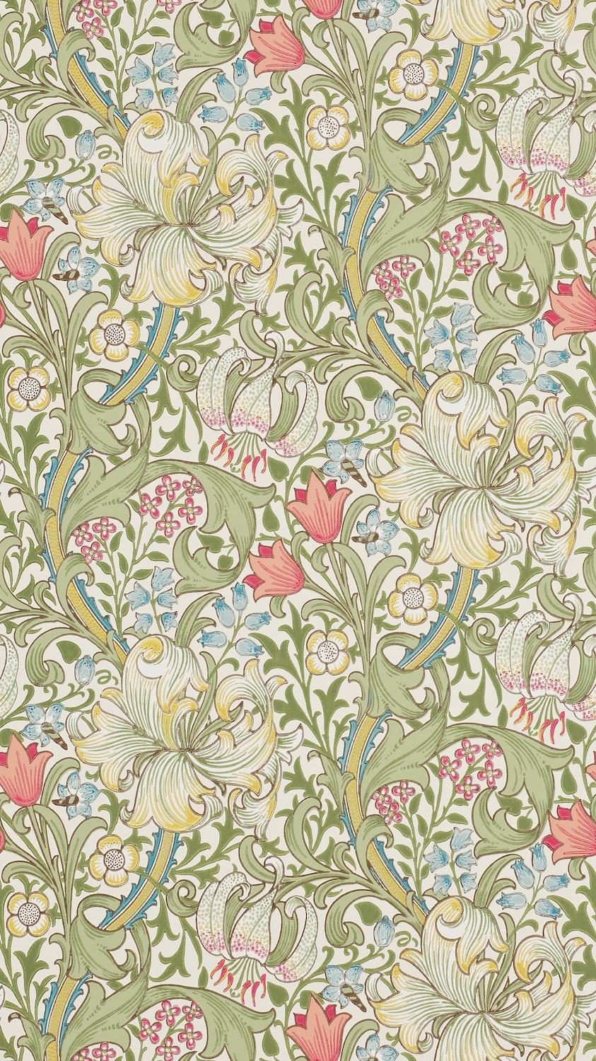 Morris & co Golden Lily Green/Red Wallpaper