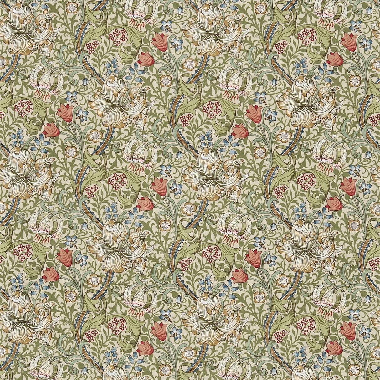 Morris & Co Golden Lily Multi Green on Stone Fabric