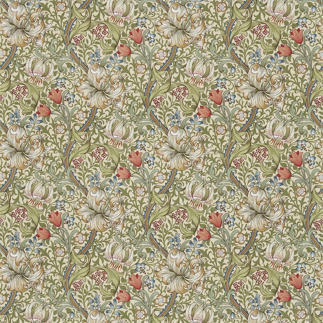 Morris & Co Golden Lily Multi Green on Stone Fabric