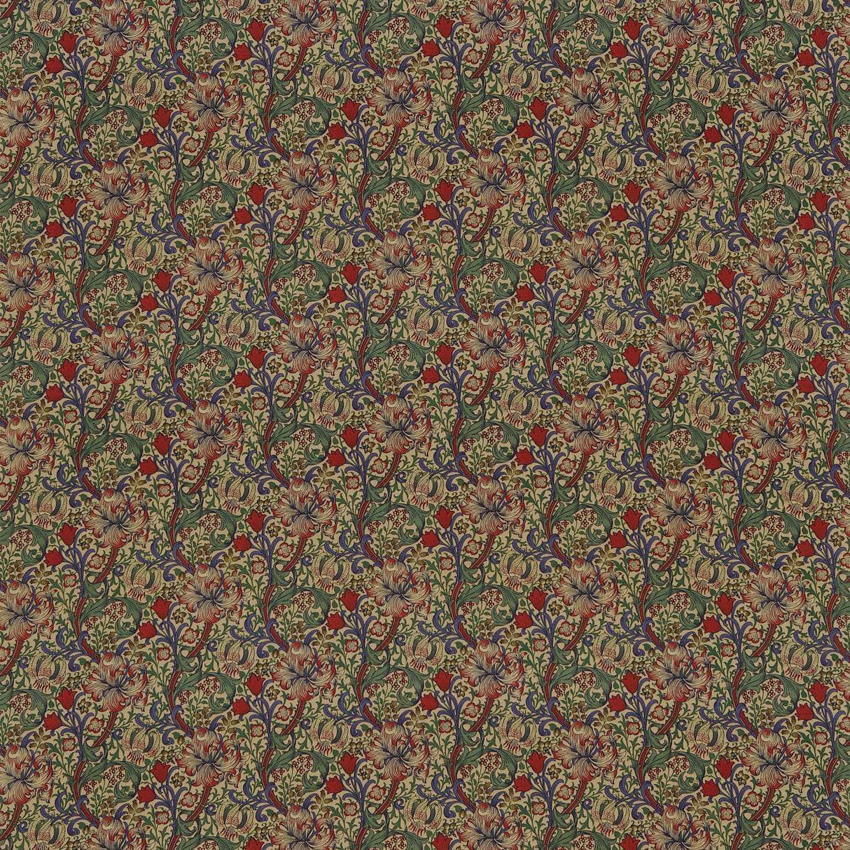 Morris & Co Golden Lily Bottle Green/Burgundy Fabric