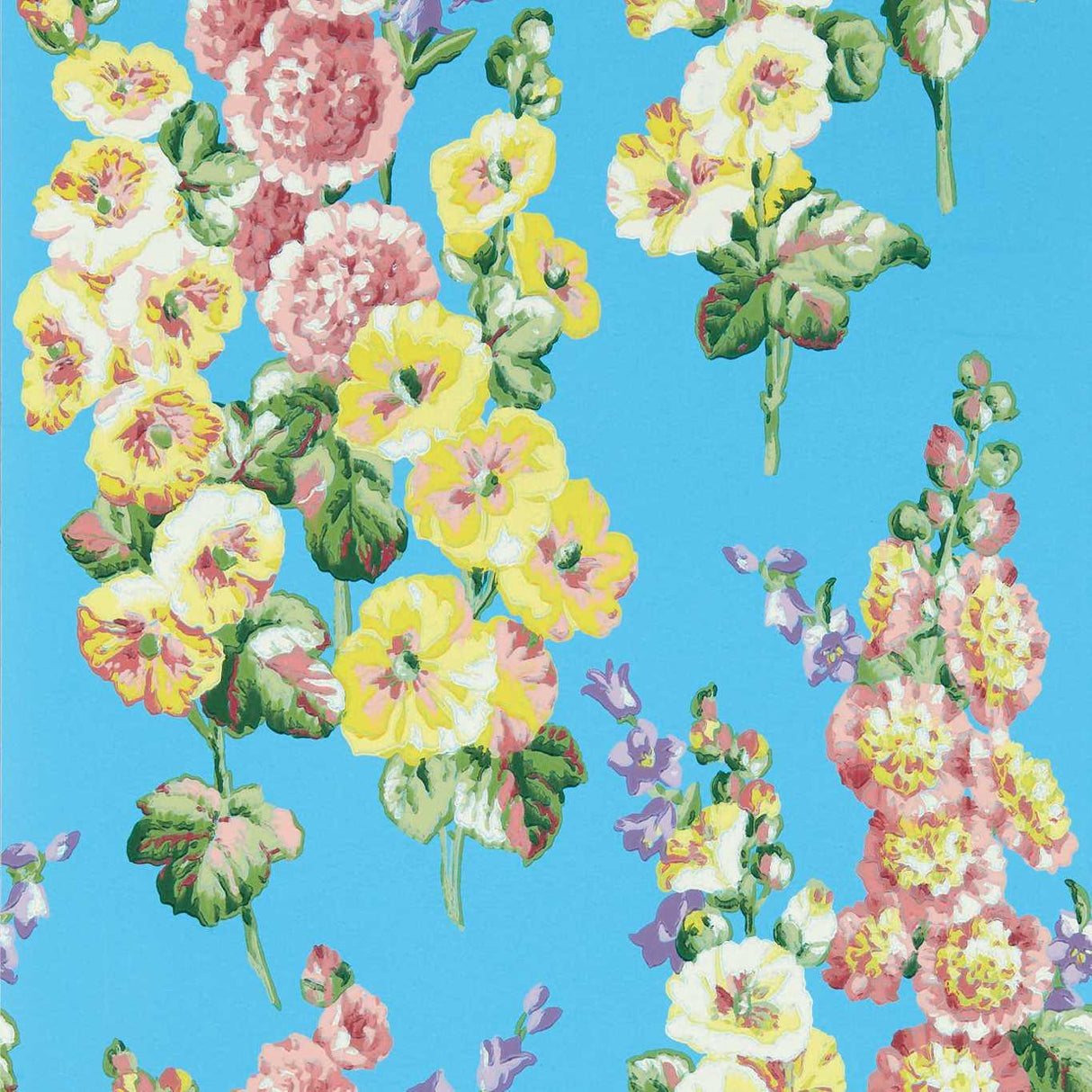 Sanderson Hollyhocks Fire Pink/Bright Blue Wallpaper