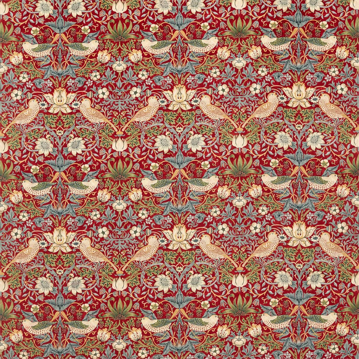 Morris & Co Strawberry Thief Velvet Crimson/Slate Fabric