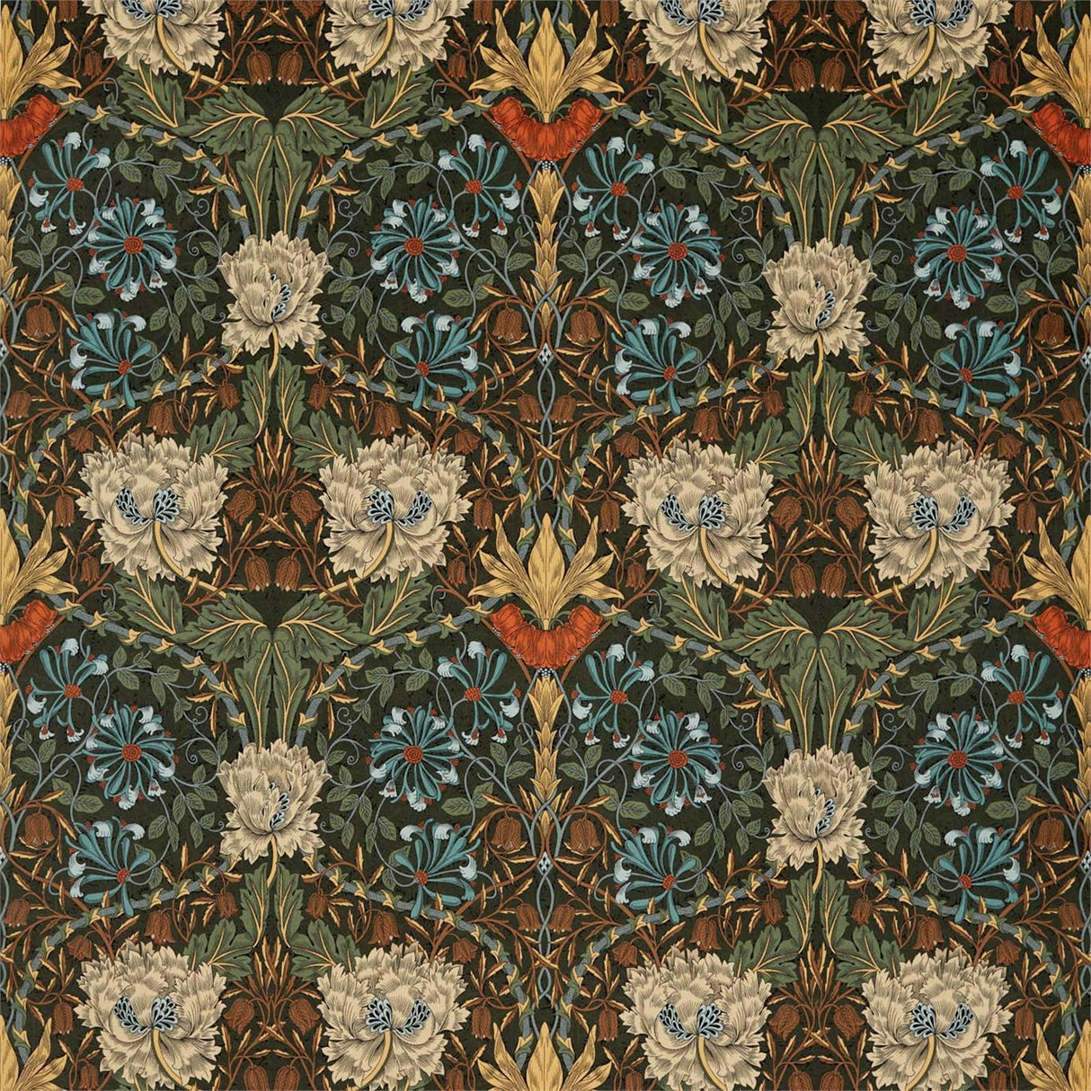 Morris & Co Honeysuckle and Tulip Velvet Forest/Chestnut Fabric