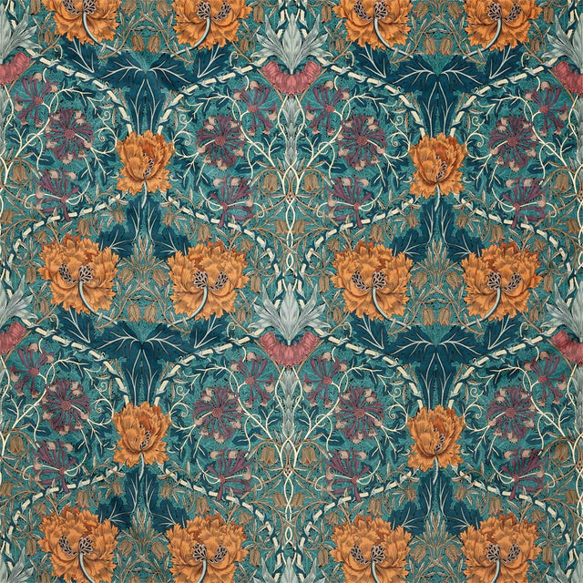 Morris & Co Honeysuckle and Tulip Velvet Woad/Mulberry Fabric