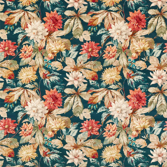 Sanderson Dahlia & Rosehip (Velvet) Teal/Russet Fabric