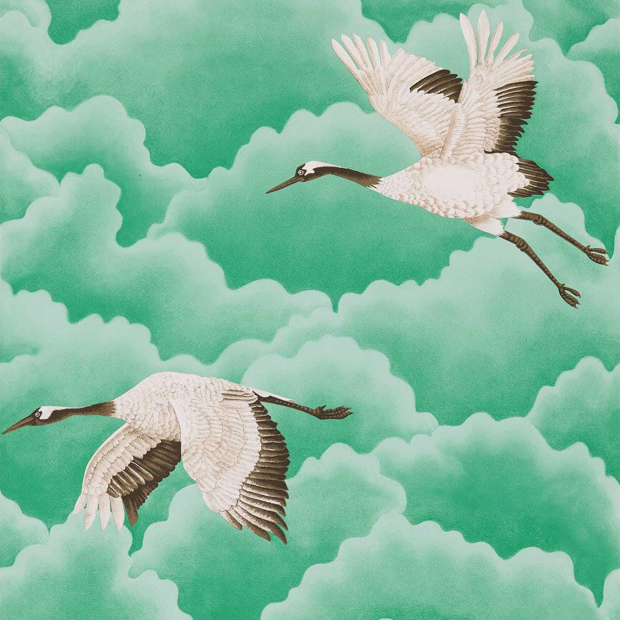 Harlequin Cranes in Flight Emerald Wallpaper