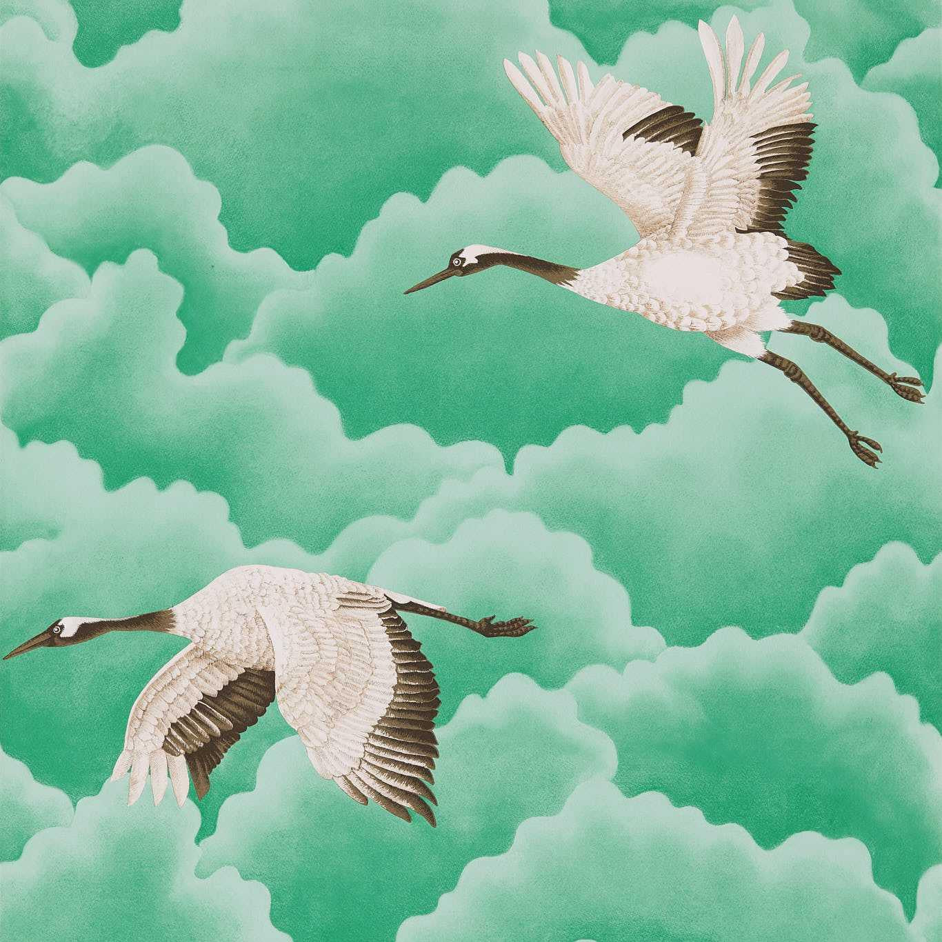 Harlequin Cranes In Flight Emerald Wallpaper