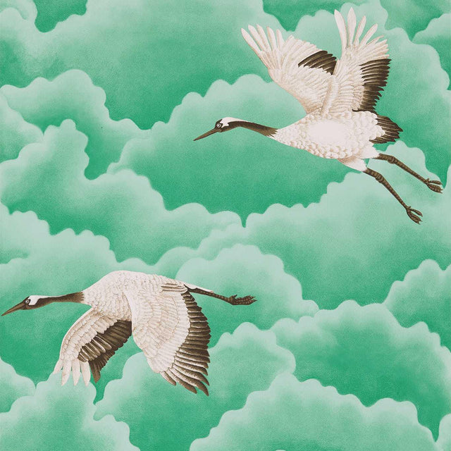 Harlequin Cranes in Flight Emerald Wallpaper