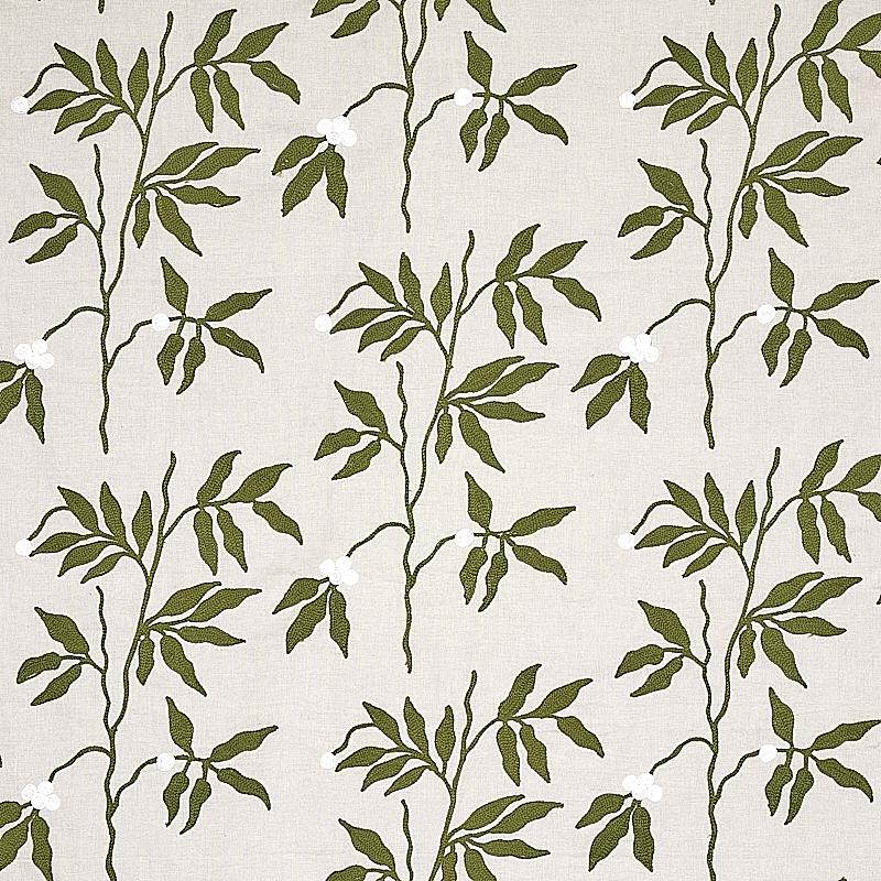 Schumacher Lilla Embroidery Olive On Neutral Fabric