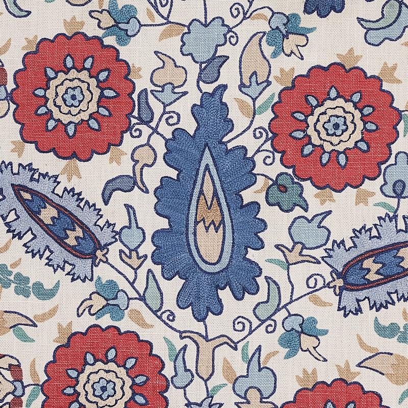 Schumacher Anatolia Embroidery Blue & Red Fabric