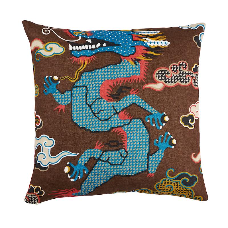 Schumacher Brown & Blue 20" x 20" Magical Ming Dragon Pillow