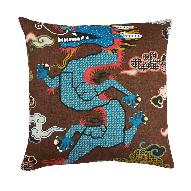 Schumacher Brown & Blue 20" x 20" Magical Ming Dragon Pillow