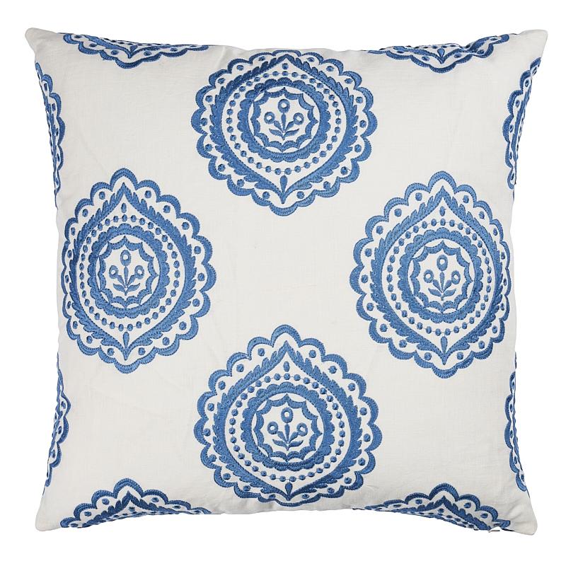 Schumacher Olana Embroidery Blue& White 22" x 22" Pillow