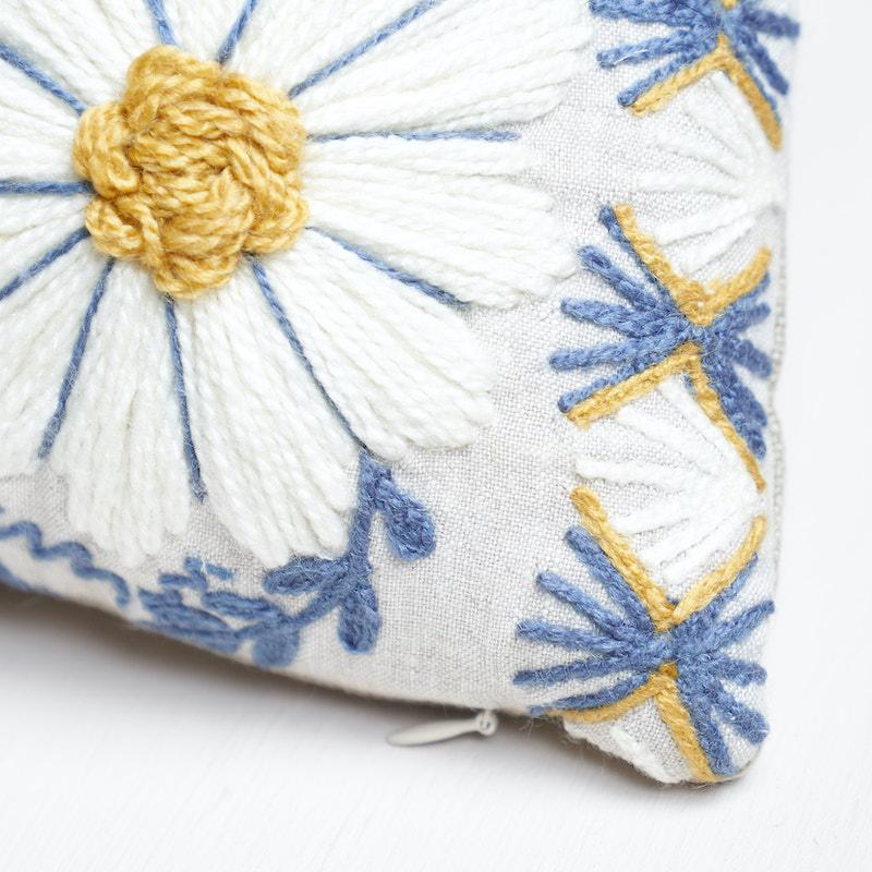 Schumacher Marguerite Embroidery  A Blue & Ochre 15" x 9" Pillow