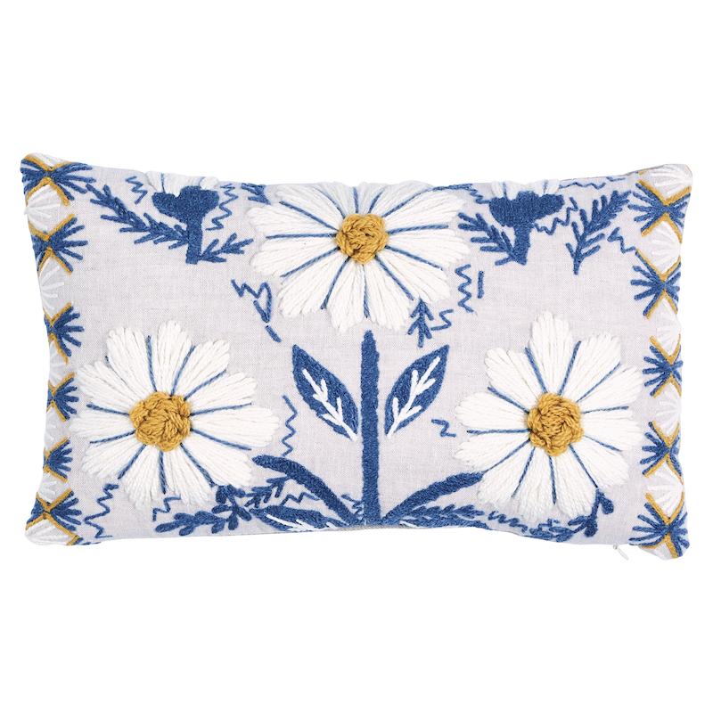Schumacher Blue & Ochre 15" x 9" Marguerite Embroidery Pillow A